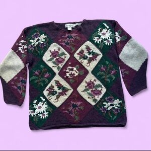 Vintage Hand Knit Floral Plum Purple and Green Sweater